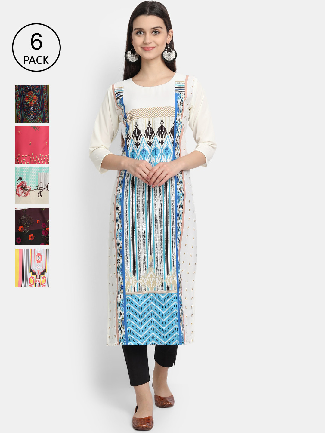 

1 Stop Fashion Women Pack Of 6 Multicoloured Digital Printed Crepe Kurta, Multi