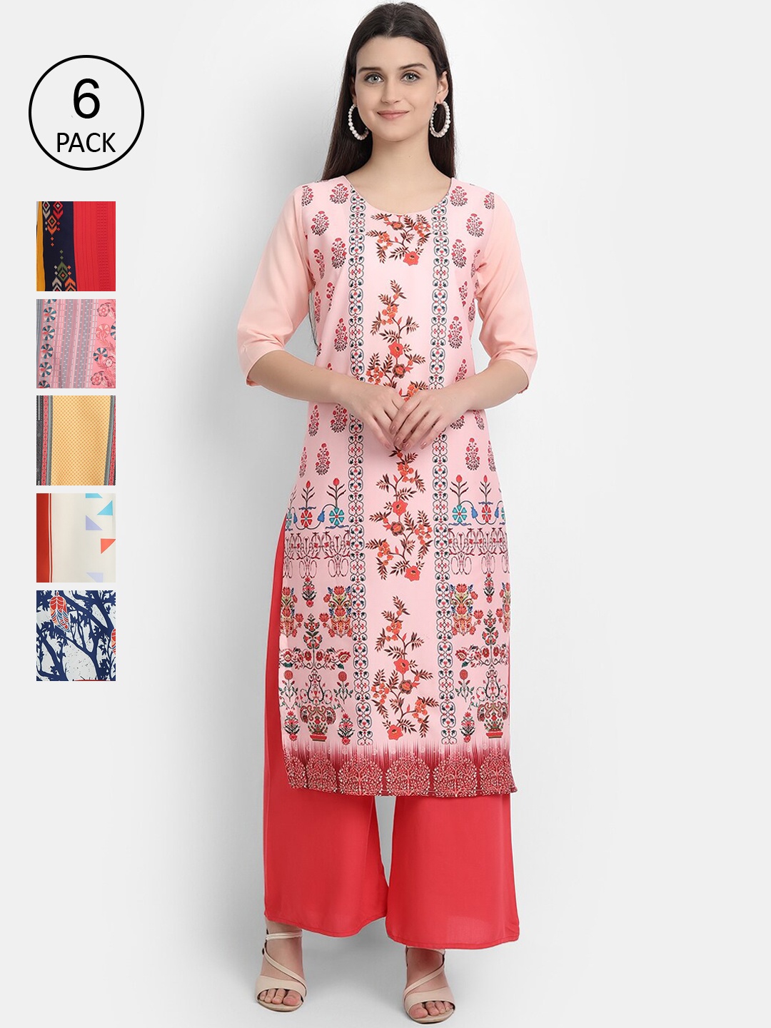 

1 Stop Fashion Women Pack Of 6 Clourblocked Printed Kurta, Red