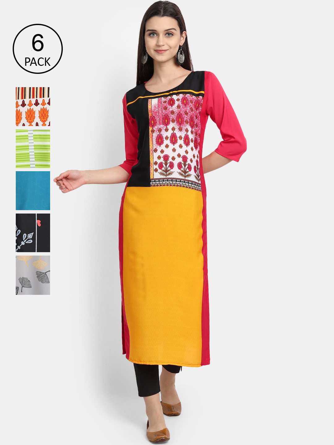 

1 Stop Fashion Women Pink & Yellow Pack of 6 Printed Crepe Kurta