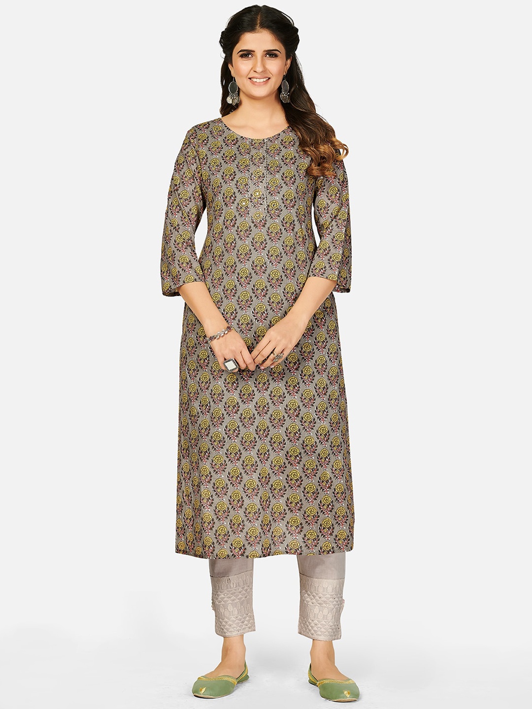 

Vbuyz Women Olive Green & Yellow Ethnic Motifs Printed Cotton Kurta