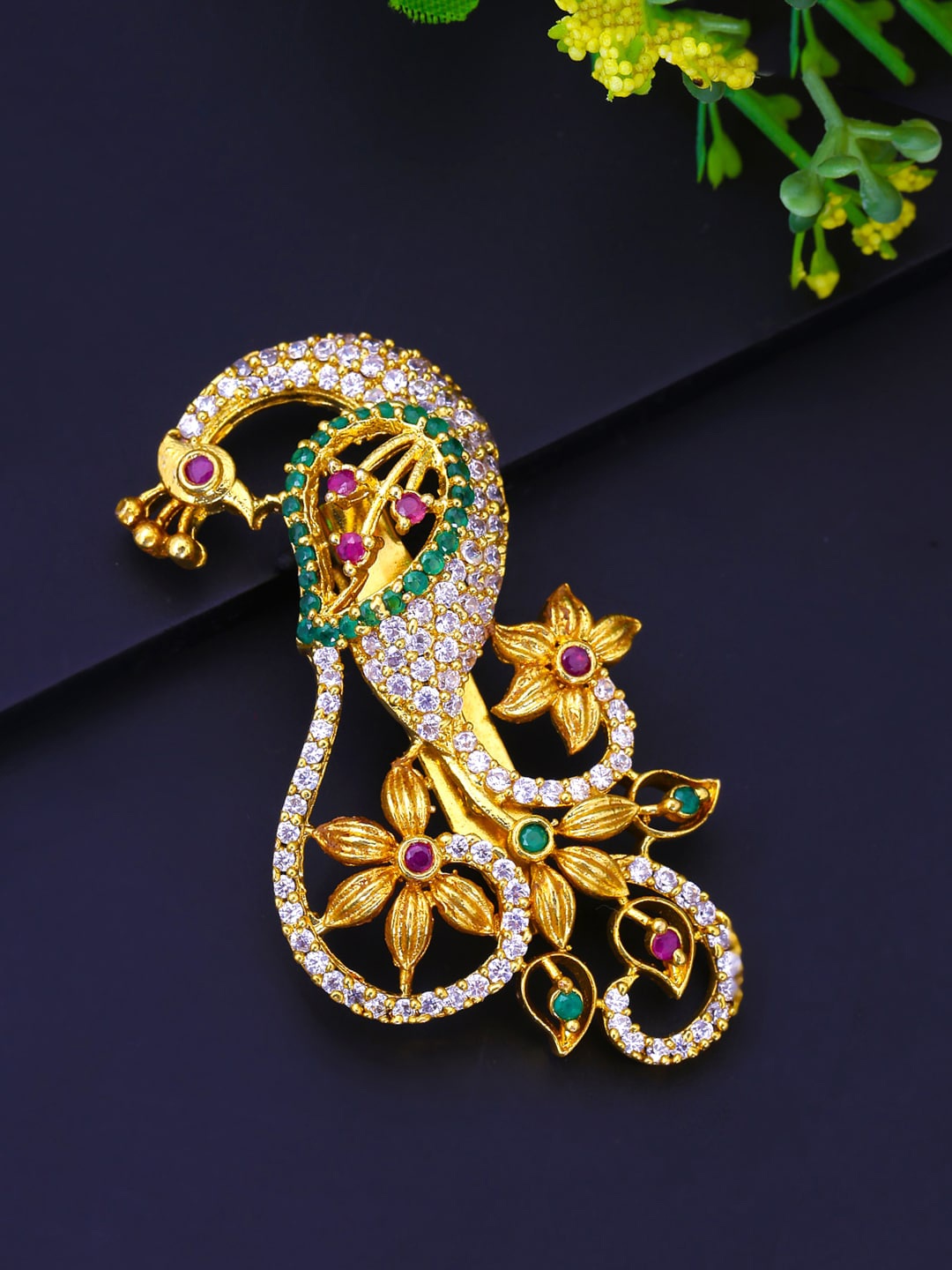 

Yellow Chimes Gold-Plated White & Pink Stone Studded Peacock Design Brooch
