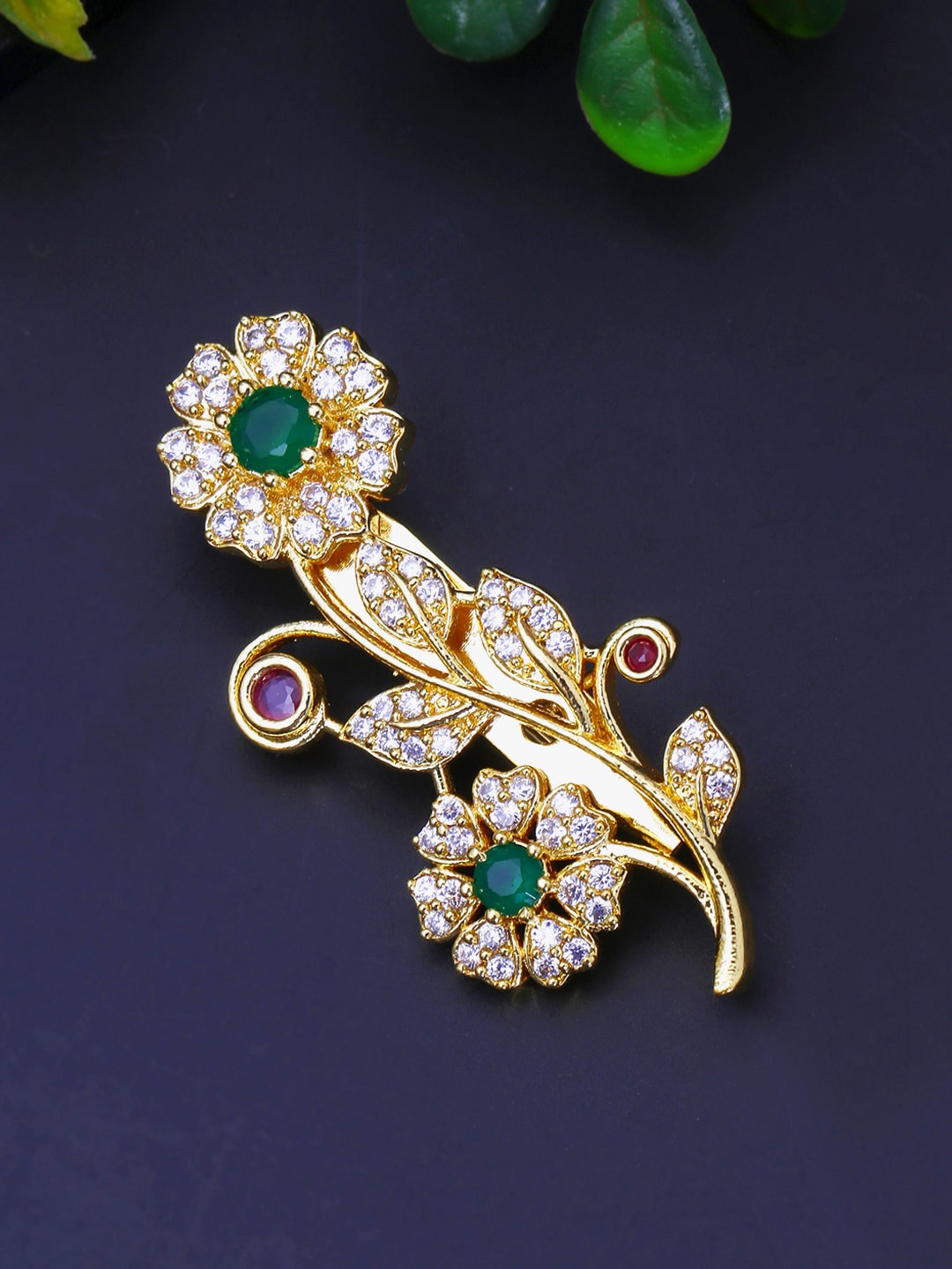 

Yellow Chimes Gold-Plated White & Green AD-Studded Saree Pin Brooch