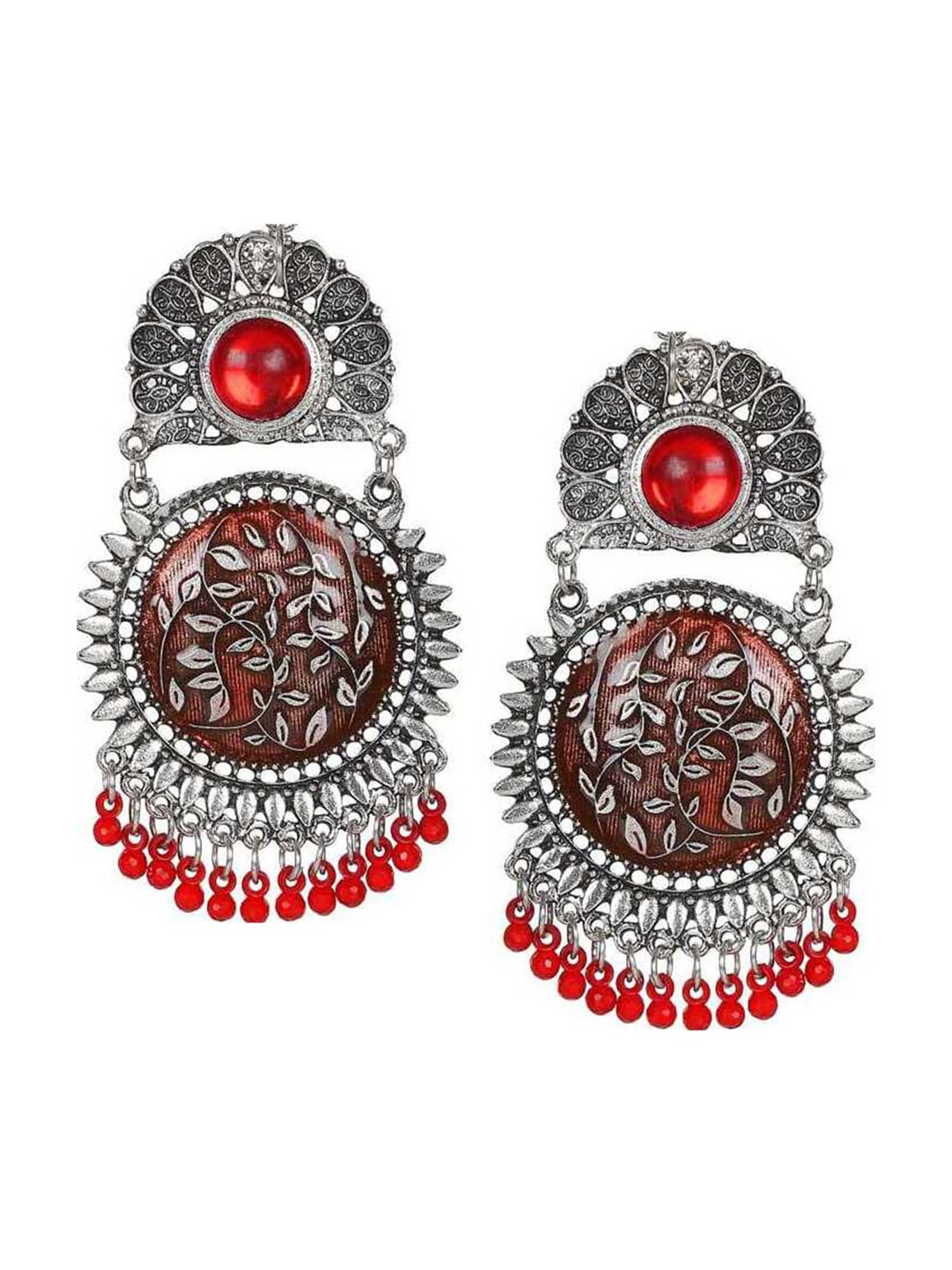

Vembley Silver-Plated & Red Circular Oxidised Drop Earrings