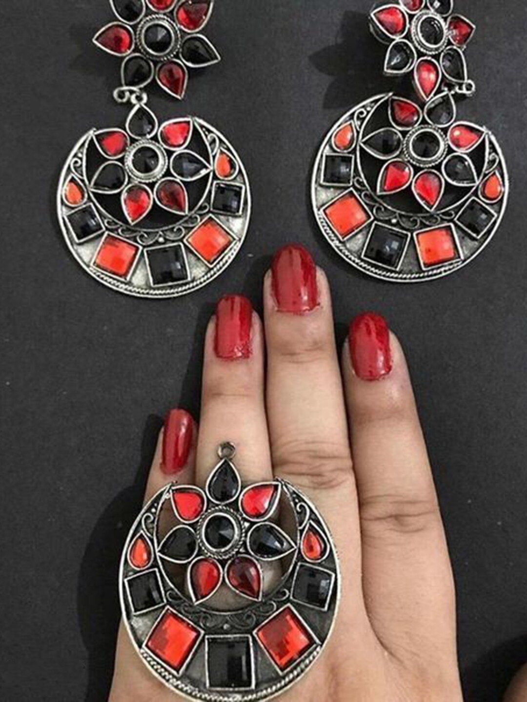 

Vembley Silver-Plated Red & Black Studded Classic Drop Earrings with Ring