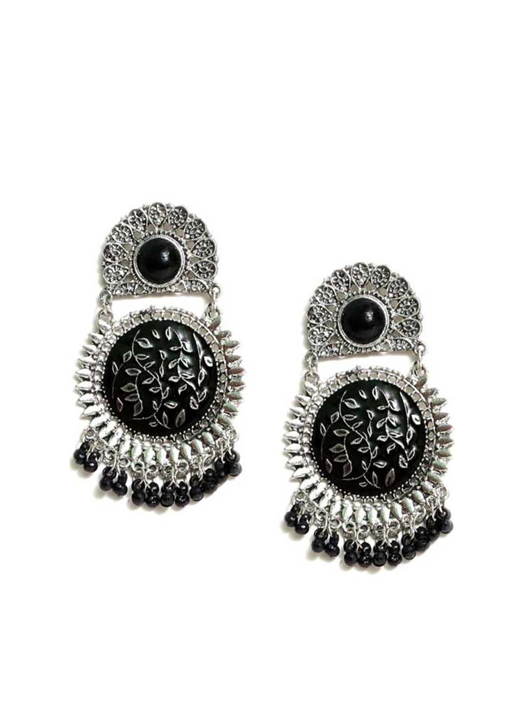 

Vembley Silver-Toned & Black Beads Chandbali Earring