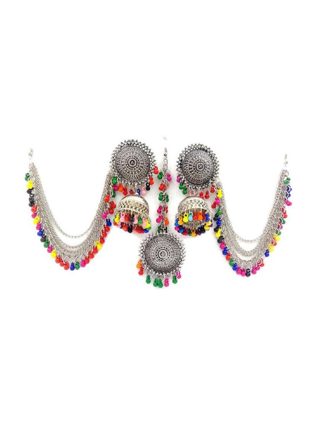 

Vembley Silver-Toned & Multicoloured Classic Jhumka Earrings with Maang Tika