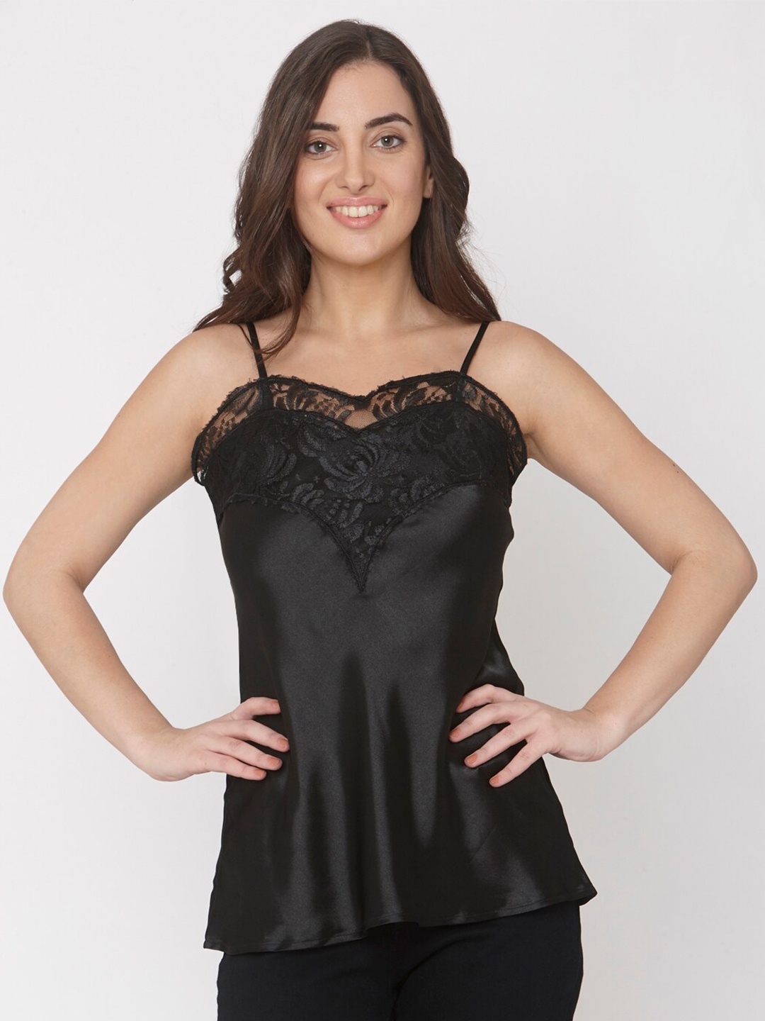 

aaliya Black Satin Lace Cami Top