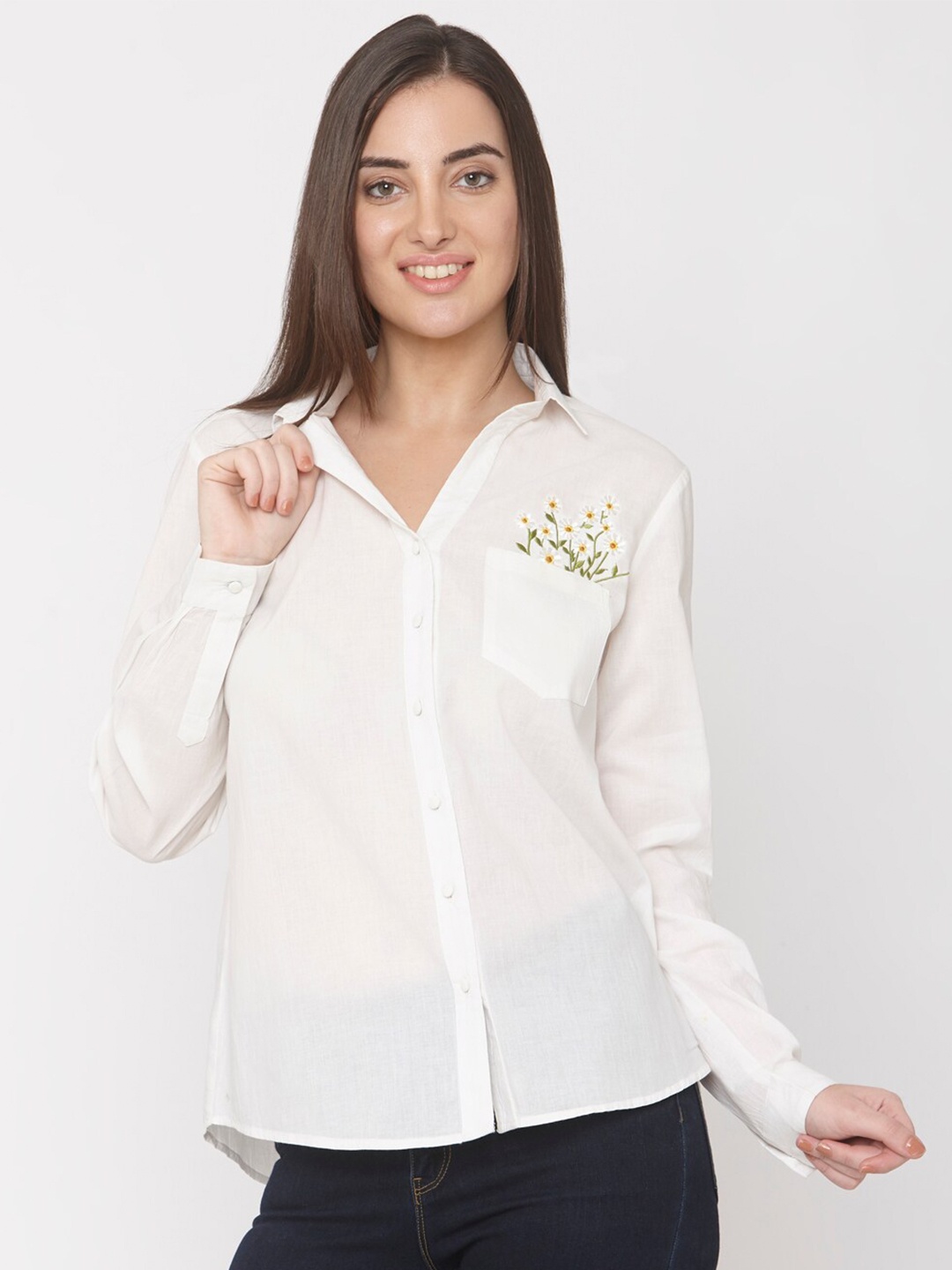 

aaliya White Shirt Style Top With Pocket Embroidered Detail