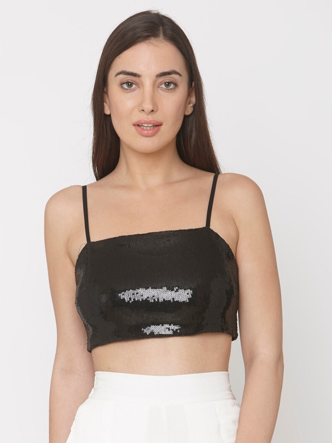 

aaliya Black Embellished Georgette Bralette Crop Top