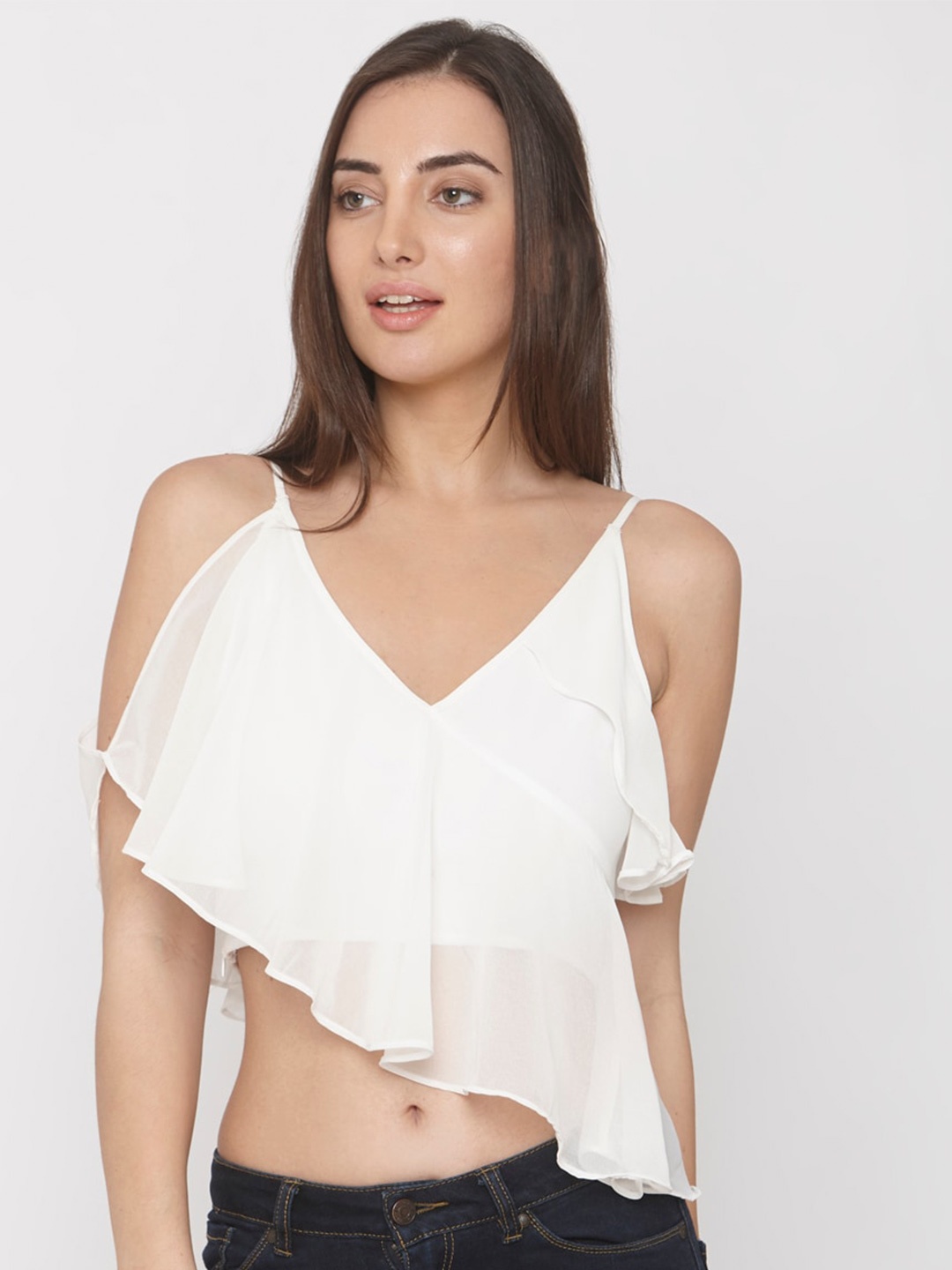 

aaliya Woman White Ruffles Georgette Crop Top