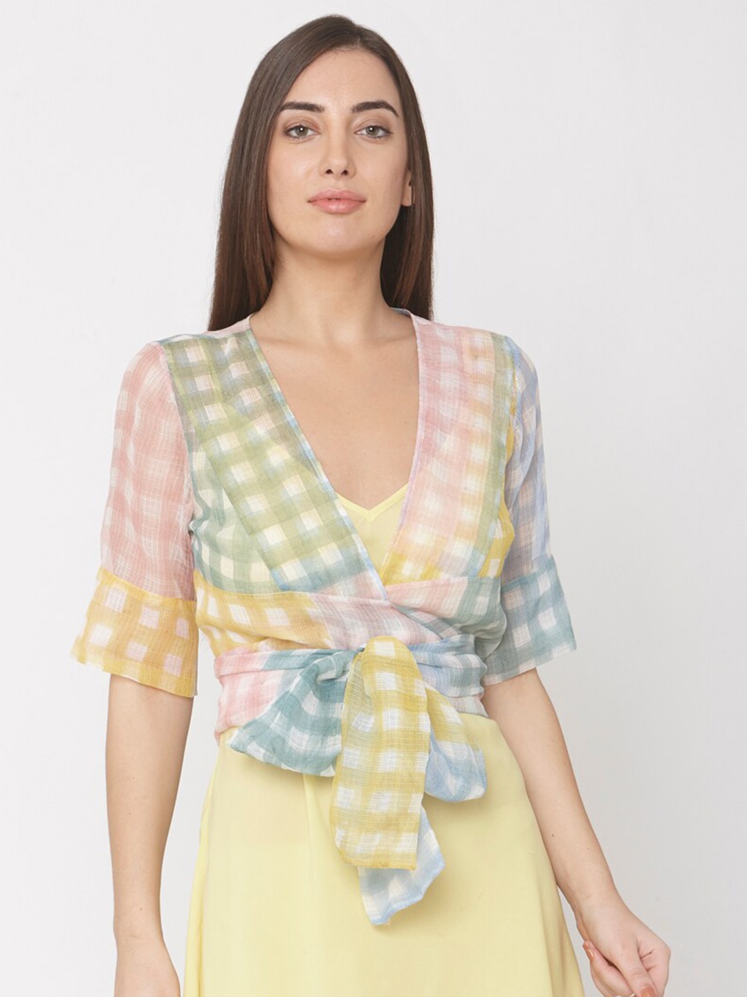 

aaliya Women Pink & Blue Checked V-neck Clinched Waist Georgette Top