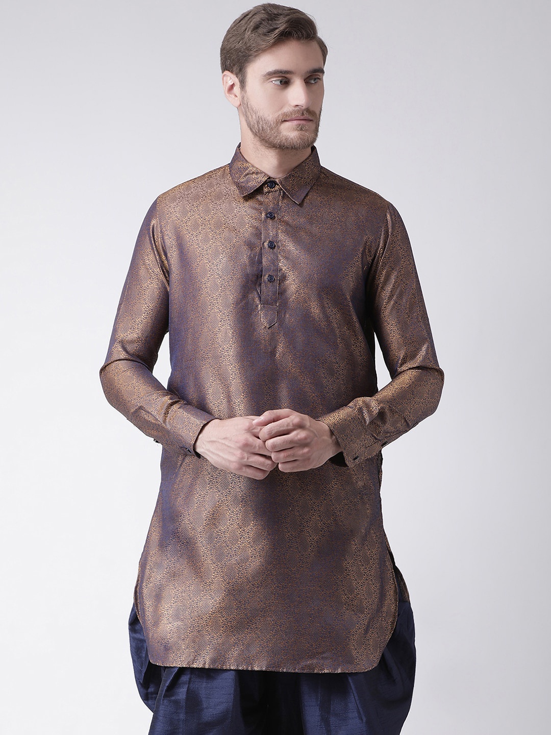 

DEYANN Men Brown & Navy Blue Solid Jacquard Kurta with Patiala