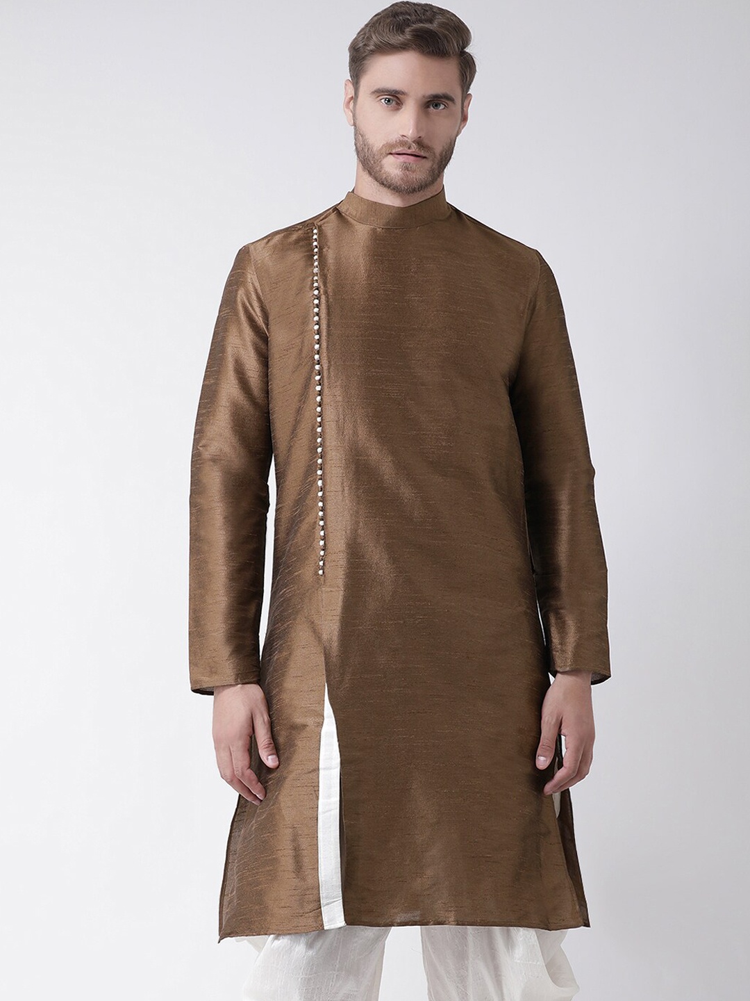 DEYANN Men Brown & White Dupion Silk Kurta With Patiala