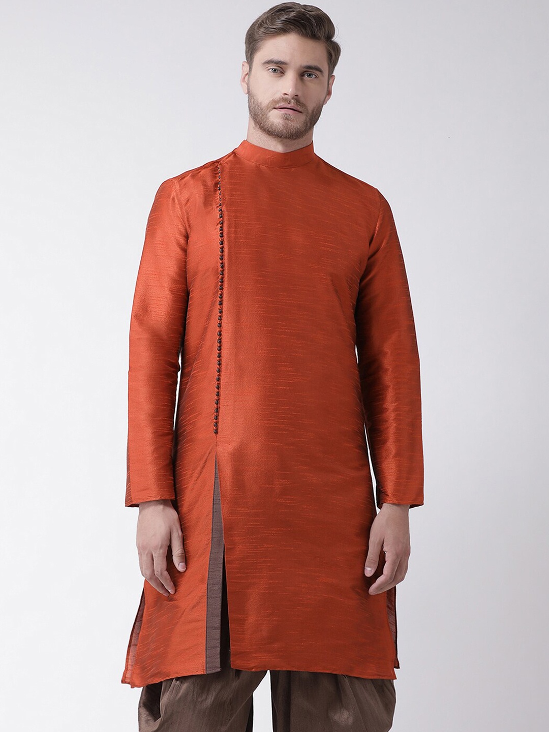 

DEYANN Men Orange Angrakha Dupion Silk Kurta with Dhoti Pants