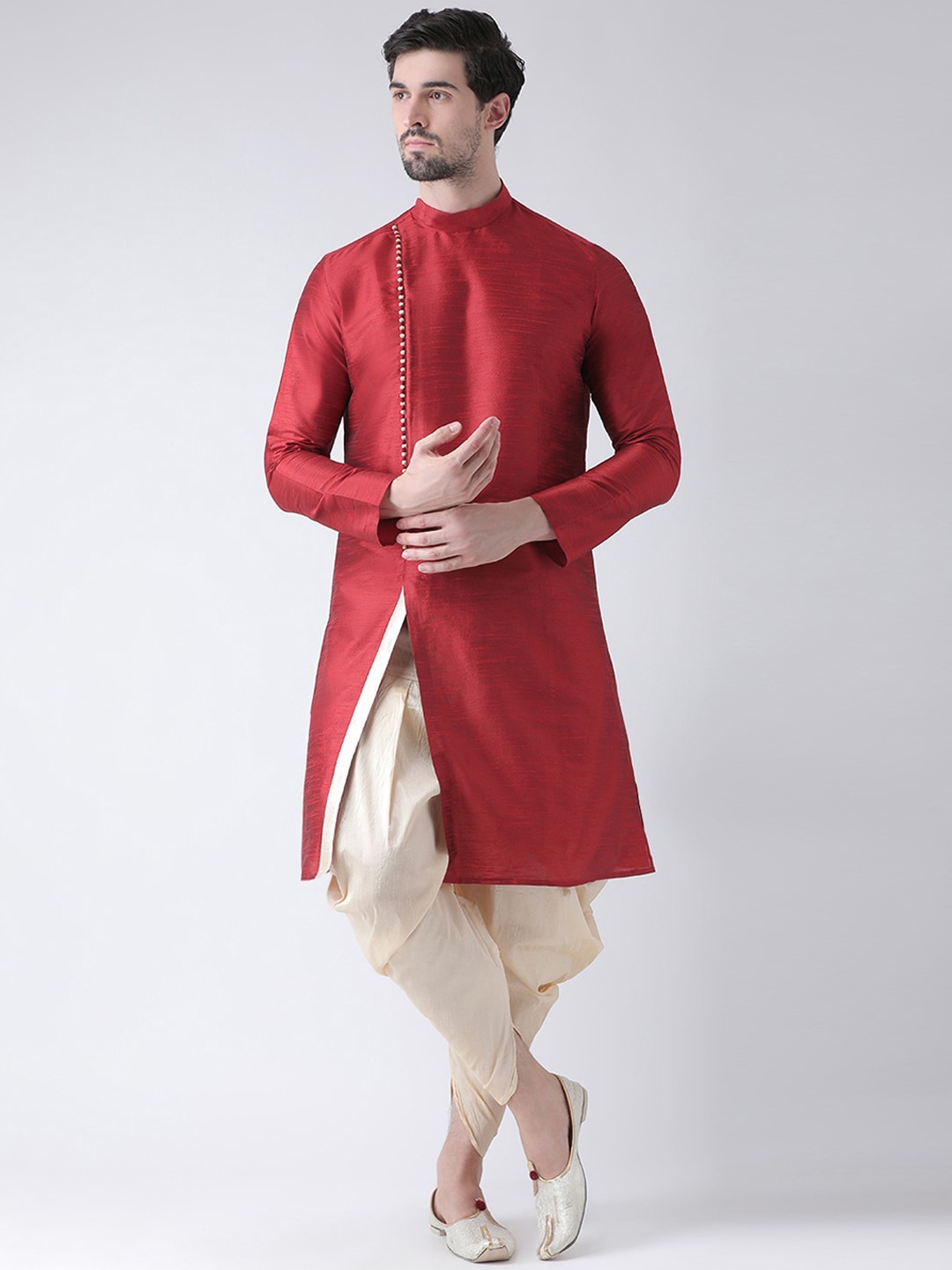 

DEYANN Men Red High Slit Dupion Silk Kurta with Dhoti Pants