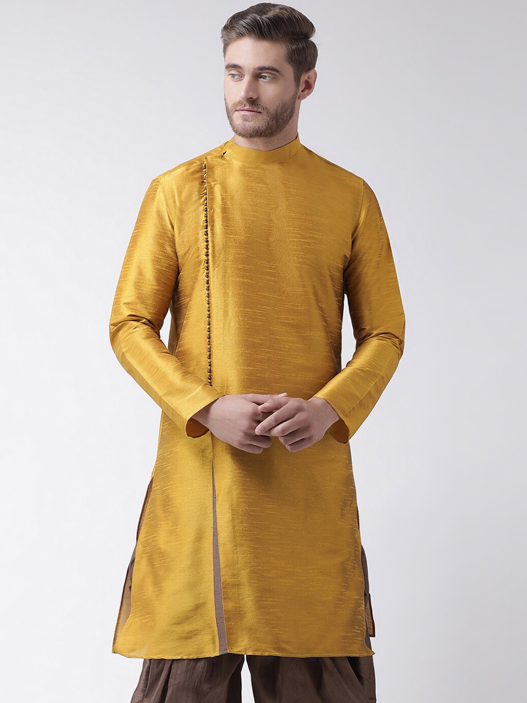 

DEYANN Men Yellow & Brown Angrakha Dupion Silk Kurta with Dhoti Pants