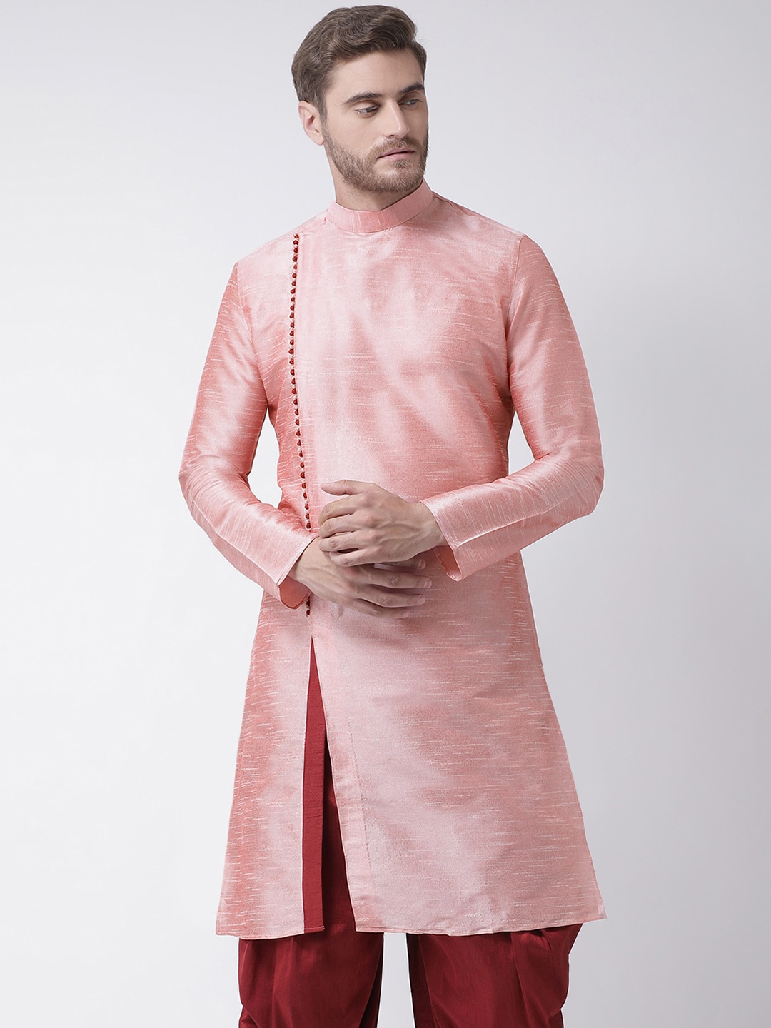 

DEYANN Men Peach-Coloured Angrakha Dupion Silk Kurta with Patiala