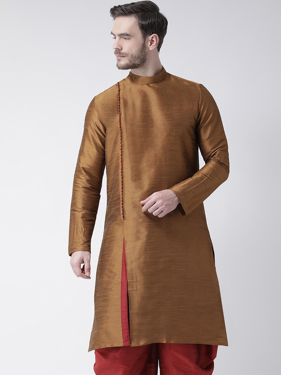 

DEYANN Men Copper-Toned Angrakha Dupion Silk Kurta with Dhoti Pants