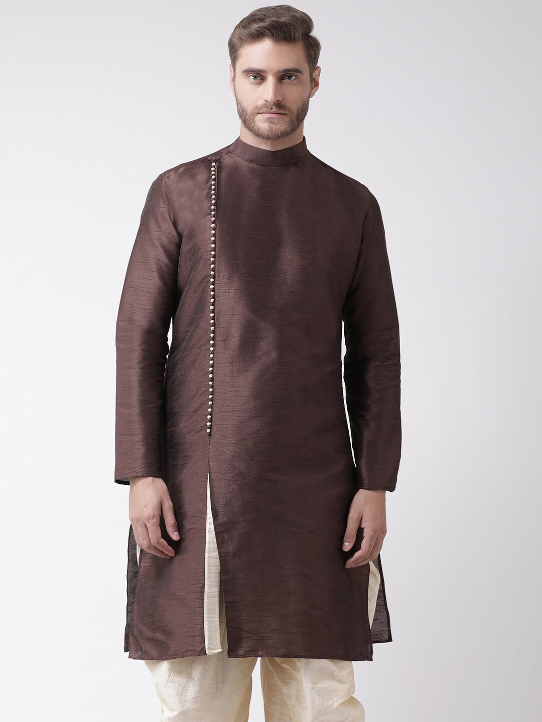 

DEYANN Men Brown & Cream-Coloured Dupion Silk Jacquard Kurta with Patiala