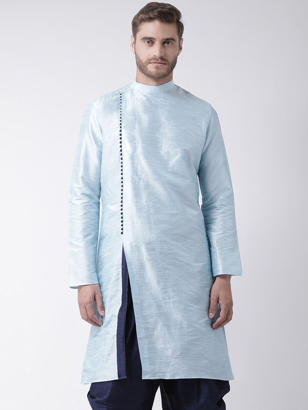 

DEYANN Men Blue & Navy Blue Angrakha Dupion Silk Kurta with Dhoti Pants