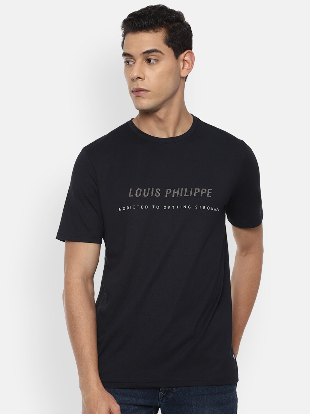 

Louis Philippe ATHPLAY Men Black & Grey Brand Logo Slim Fit Pure Cotton T-shirt