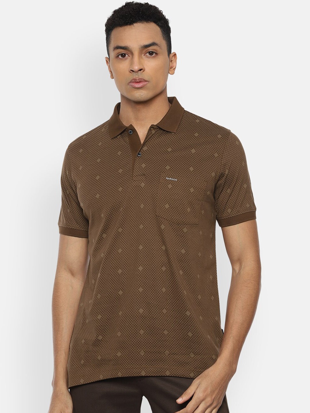

Van Heusen Men Brown Printed Polo Collar Pure Cotton T-shirt