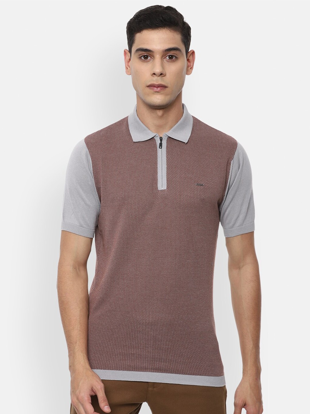

Van Heusen Men Maroon & Grey Self Design Polo Collar Pure Cotton T-shirt