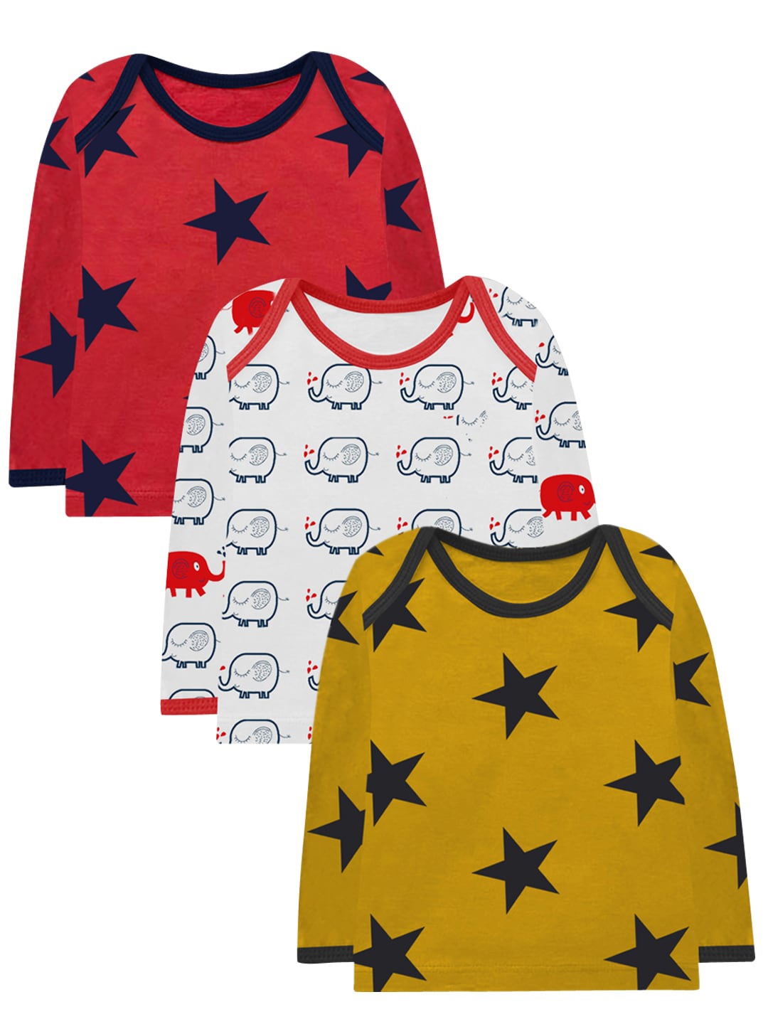 

A T U N Pack of 3 Kids Printed Envelope Shoulder Long Sleeves Cotton T-shirt, Red