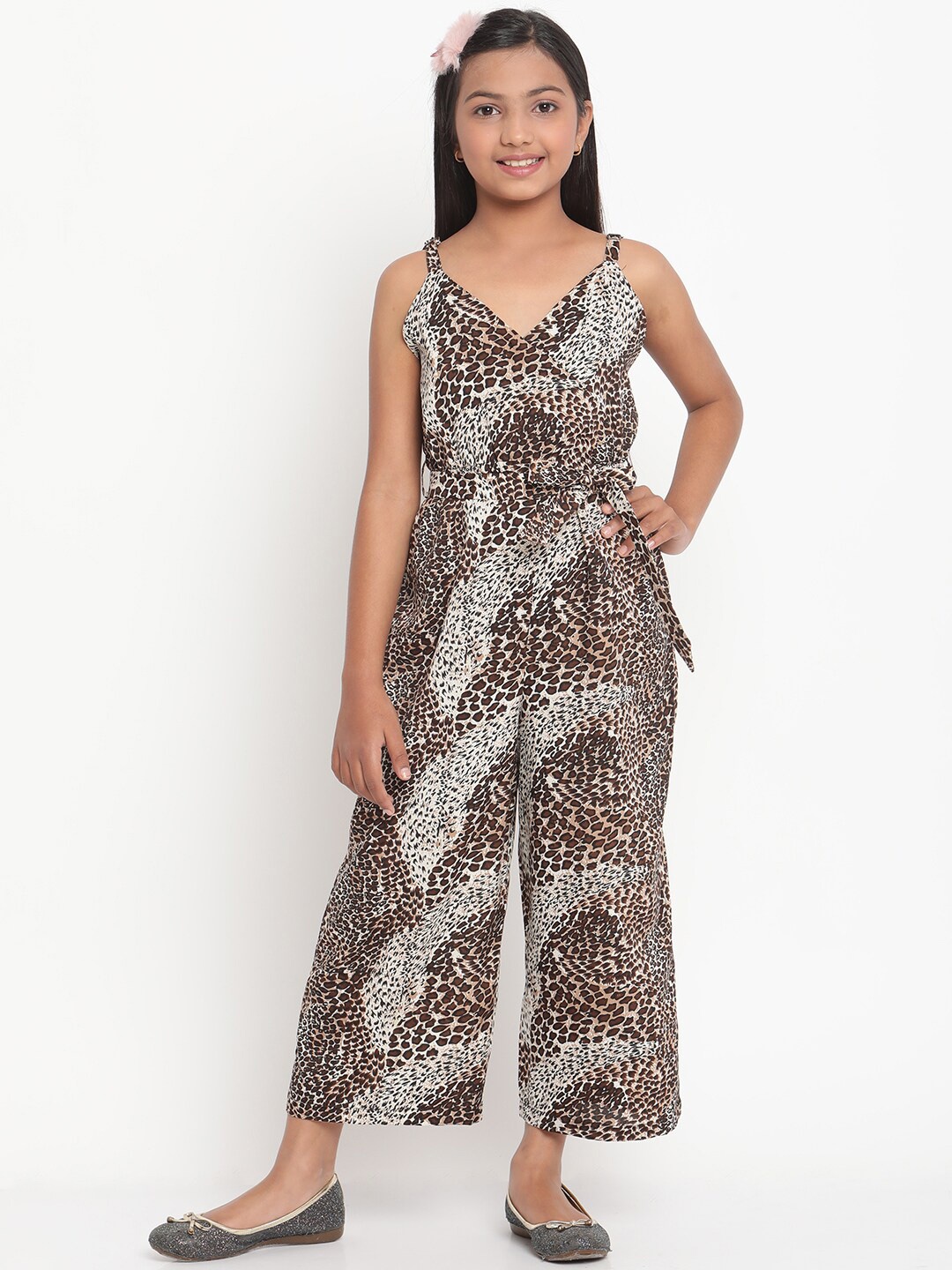 

Stuffie Land Girls White & Brown Printed Basic Jumpsuit