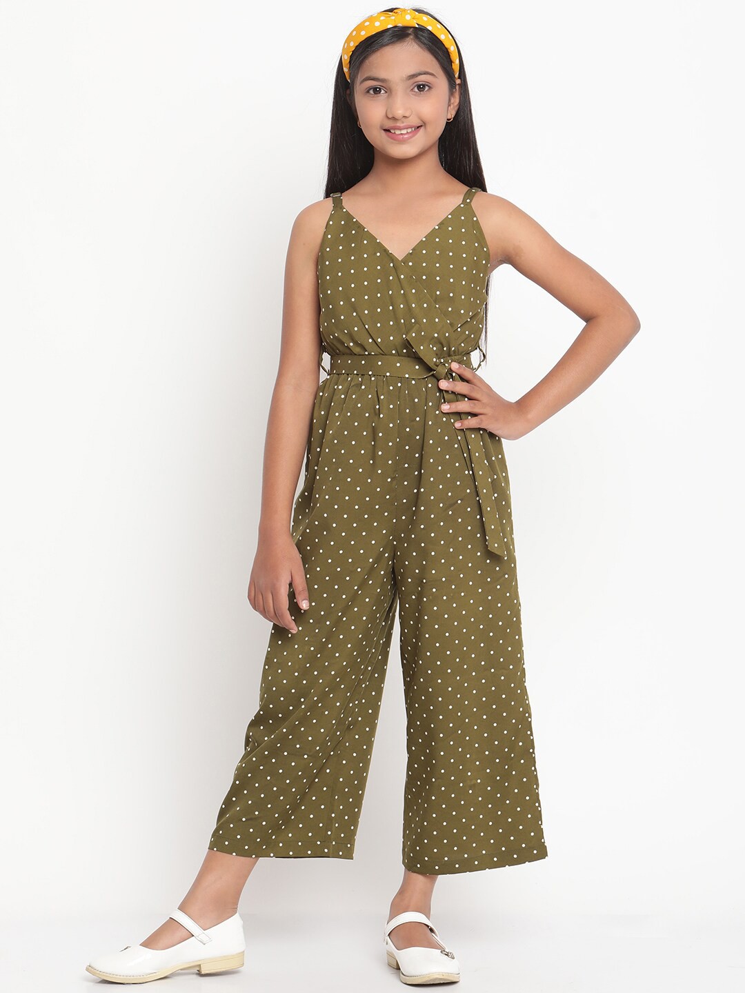 

Stuffie Land Girls Olive Green & White Printed Basic Jumpsuit