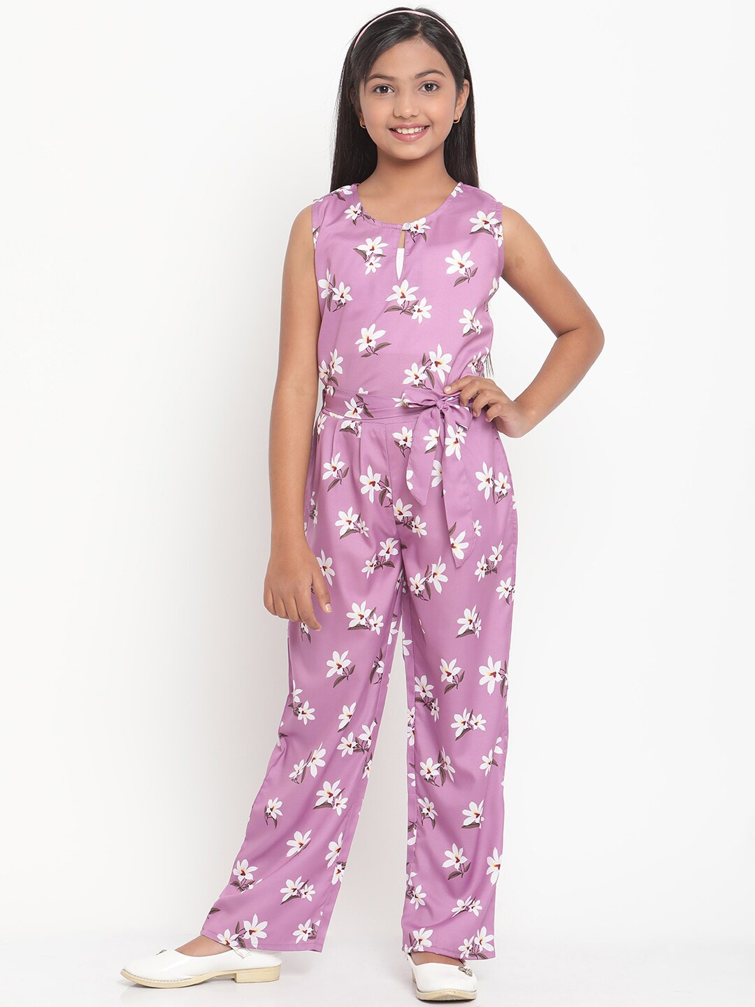 

Stuffie Land Girls Purple & White Printed Basic Jumpsuit