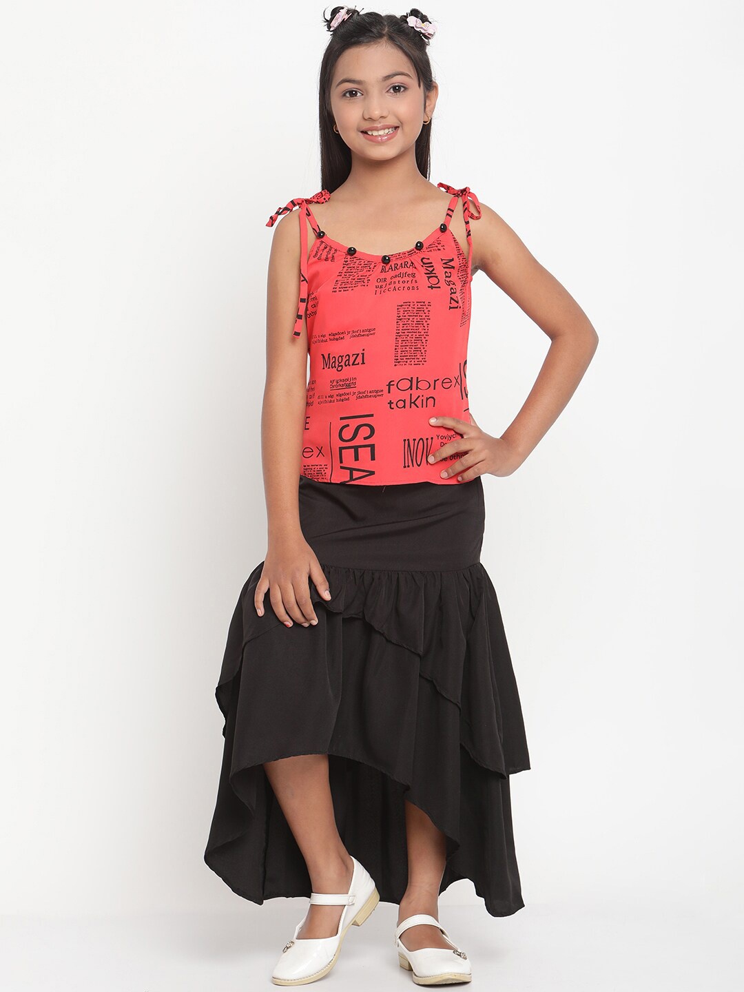 

Stuffie Land Girls Red & Black Printed Top with Skirt