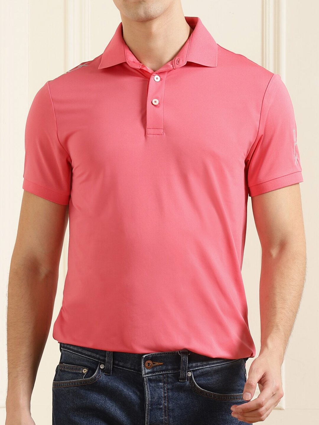 

Polo Ralph Lauren Men Pink Pure Cotton Polo Collar Slim Fit T-shirt