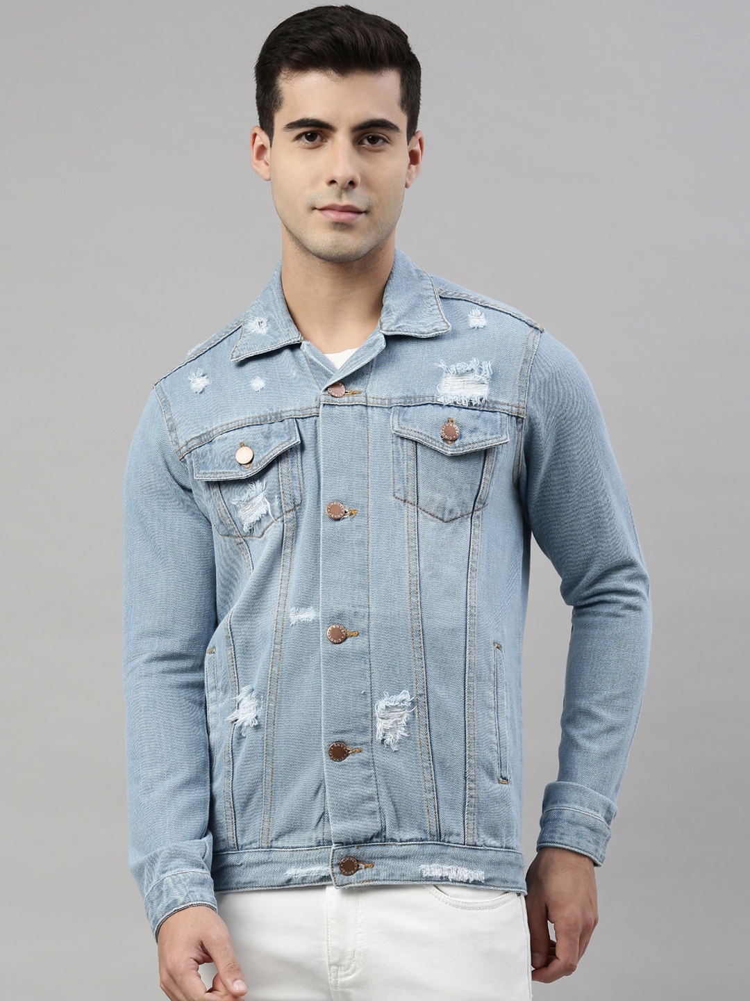 

CINOCCI Men Blue Washed Cotton Denim Jacket