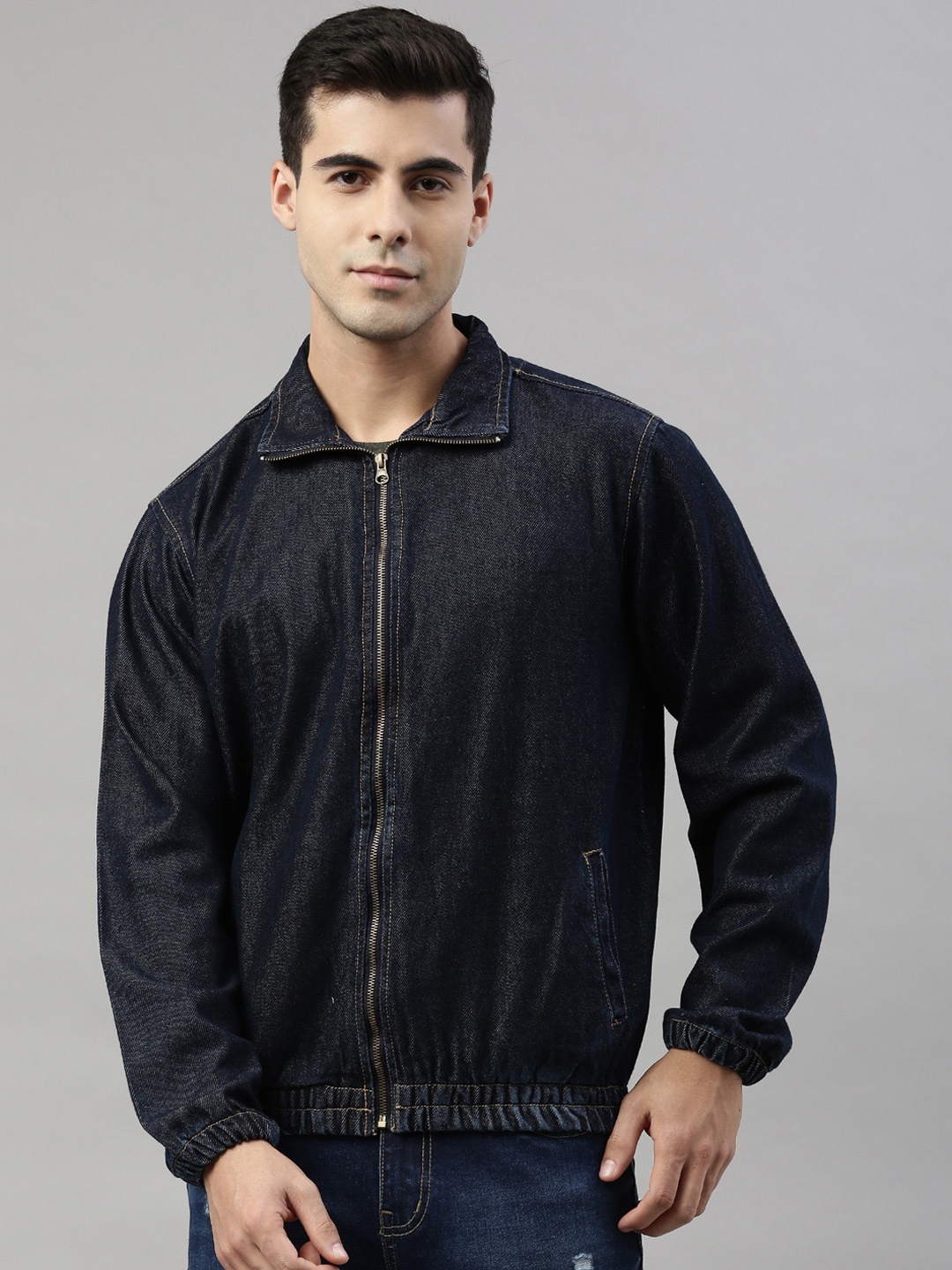 

CINOCCI Men Navy Blue Striped Cotton Denim Jacket