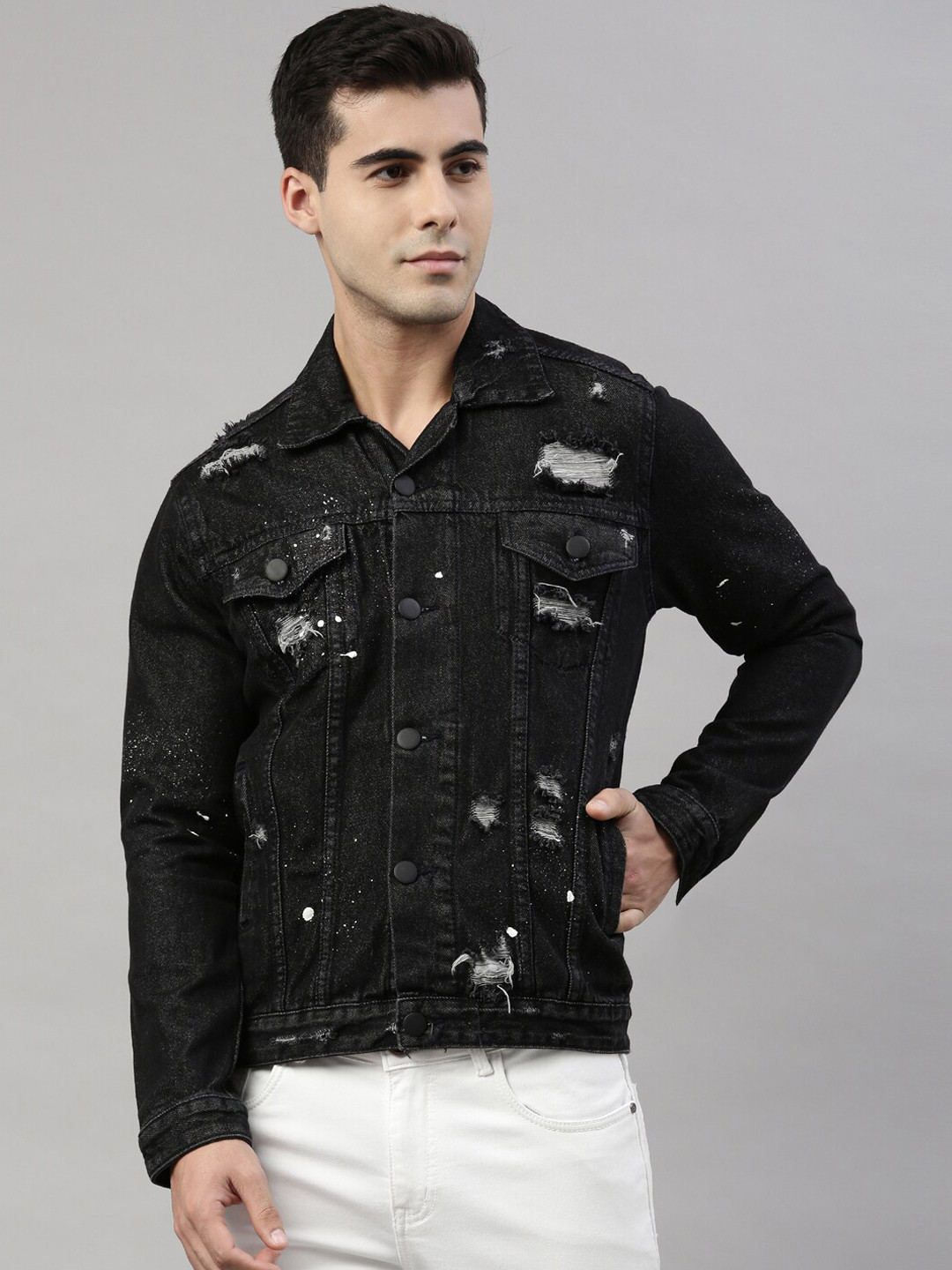 

CINOCCI Men Black Distressed Denim Jacket