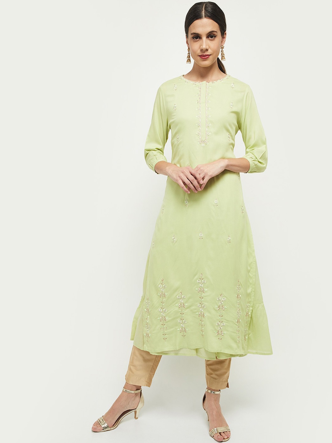 

max Women Green Ethnic Motifs Embroidered Layered Kurta