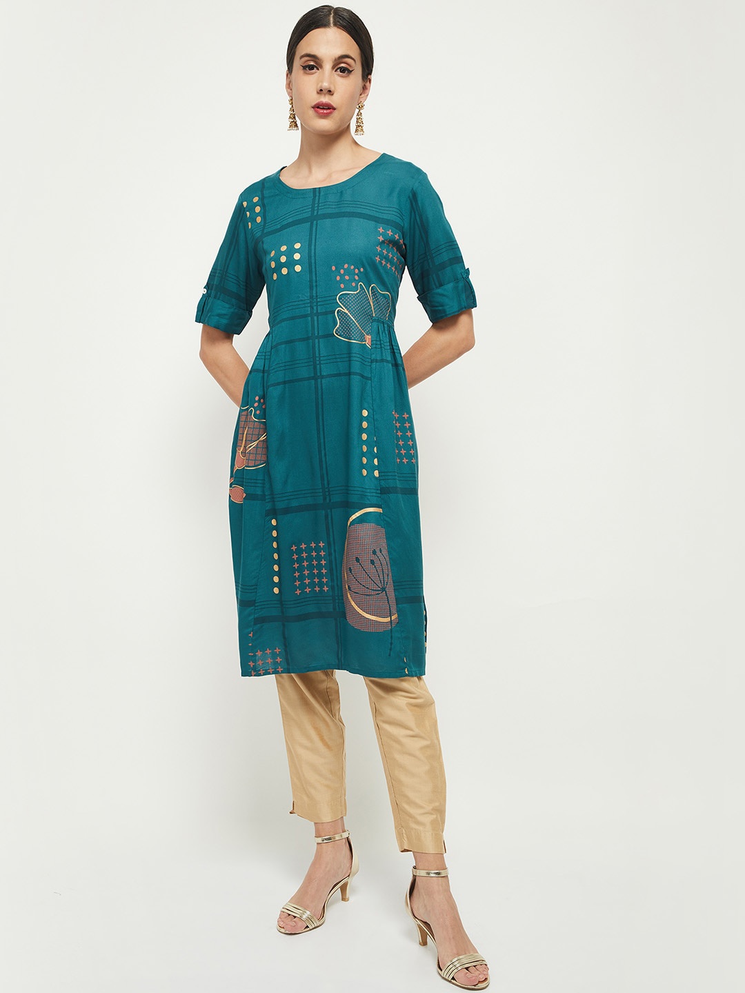 

max Women Teal Abstract Printed Kurta