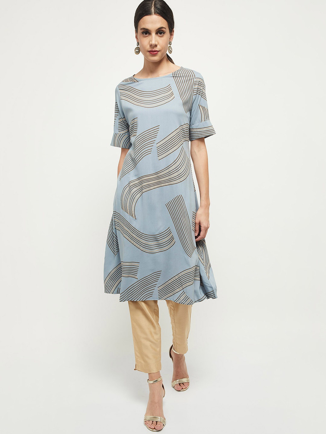 

max Women Grey Striped Kurta