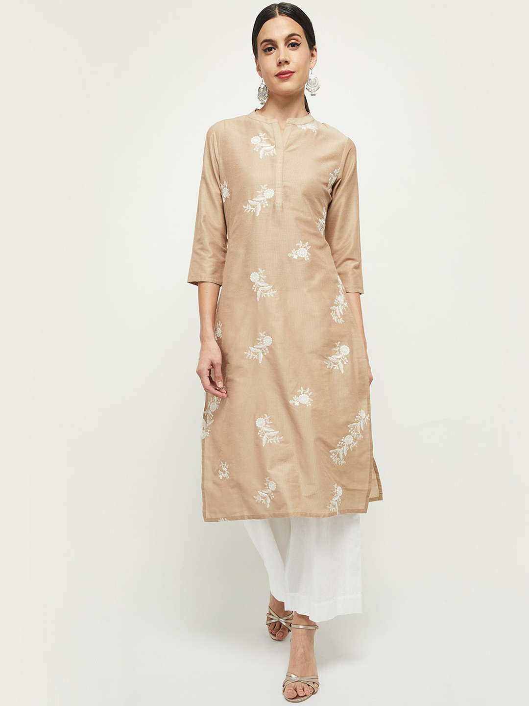 

max Women Beige & White Floral Embroidered Floral Kurta