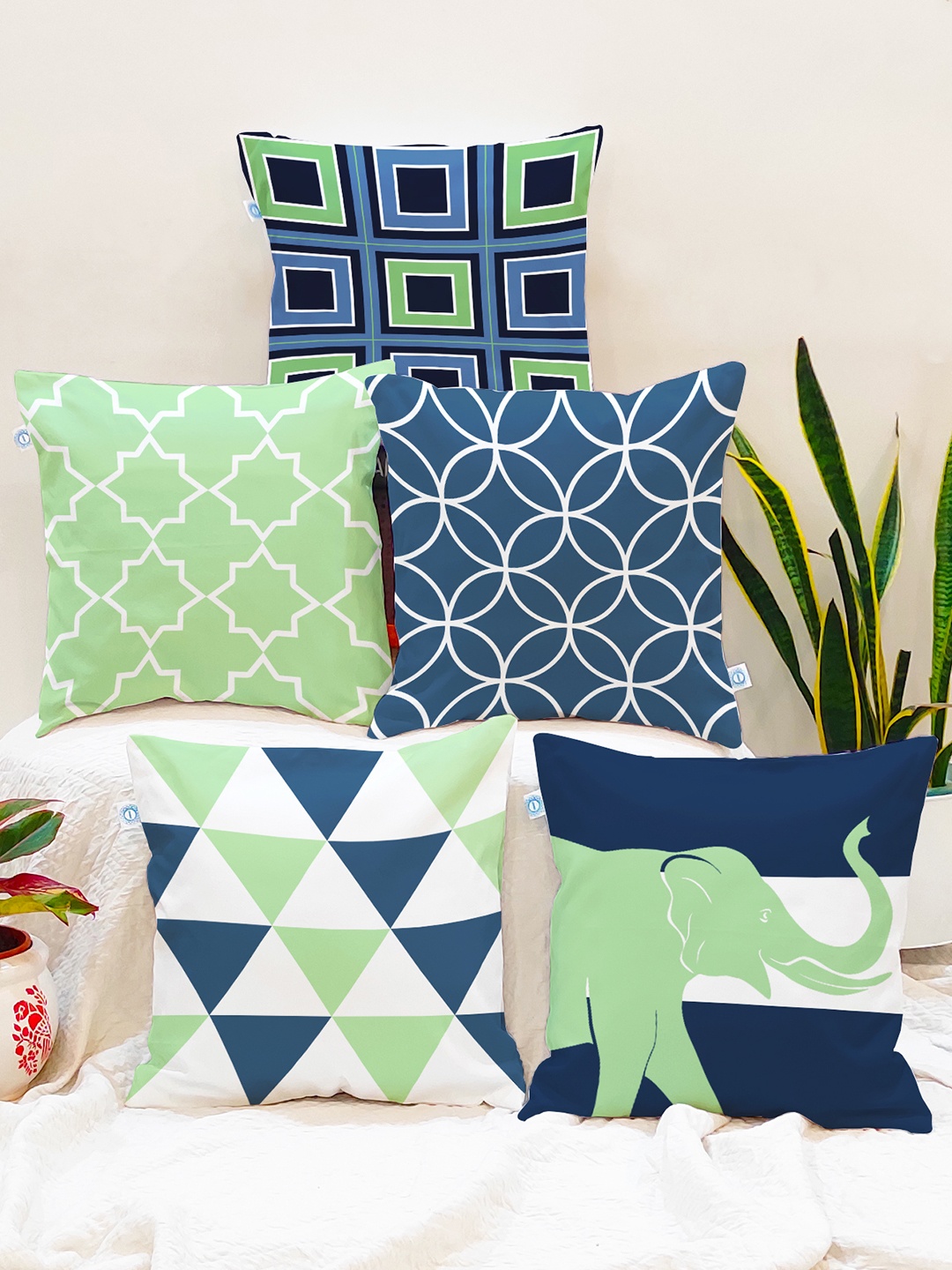 

STITCHNEST Green & White Set of 5 Geometric Square Cushion Covers