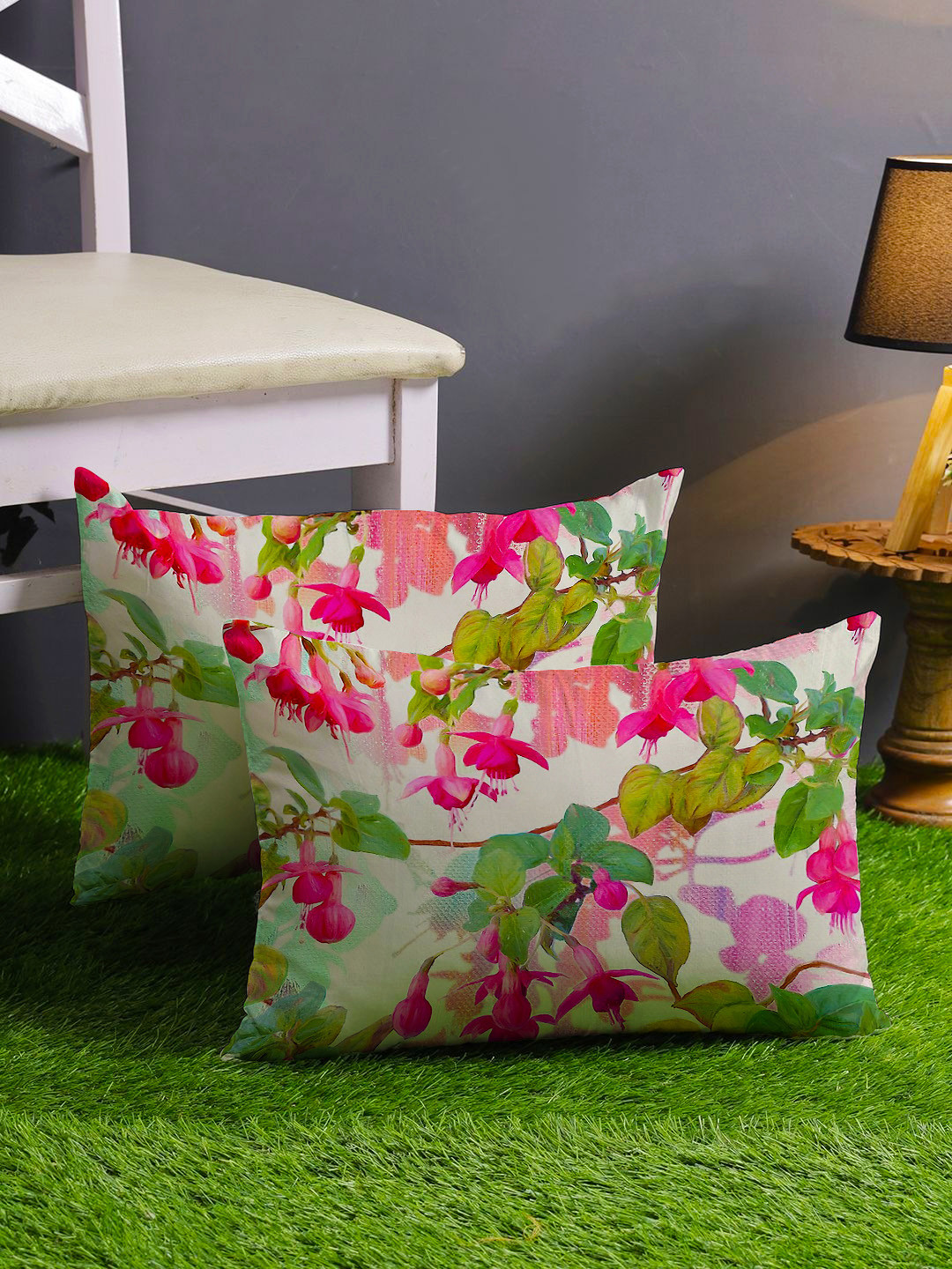 

STITCHNEST Green & Pink Set of 2 Floral Rectangle Cushion Covers