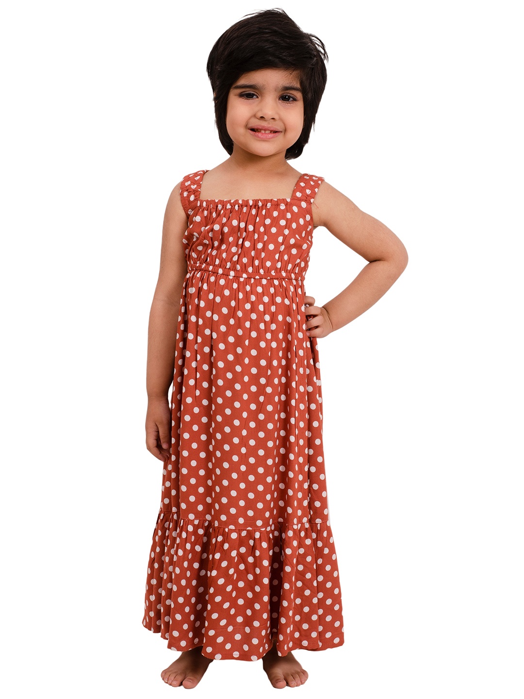 

Muffin Shuffin Girls Rust Orange & White Polka Dots Printed Maxi Dress