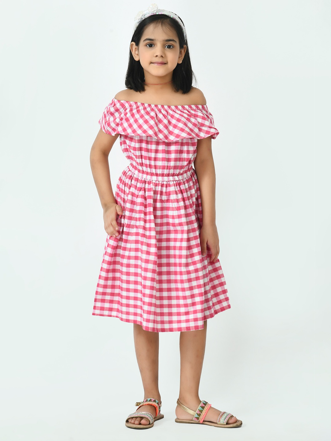 

Muffin Shuffin Pink Checked Pure Cotton Off-Shoulder Dress