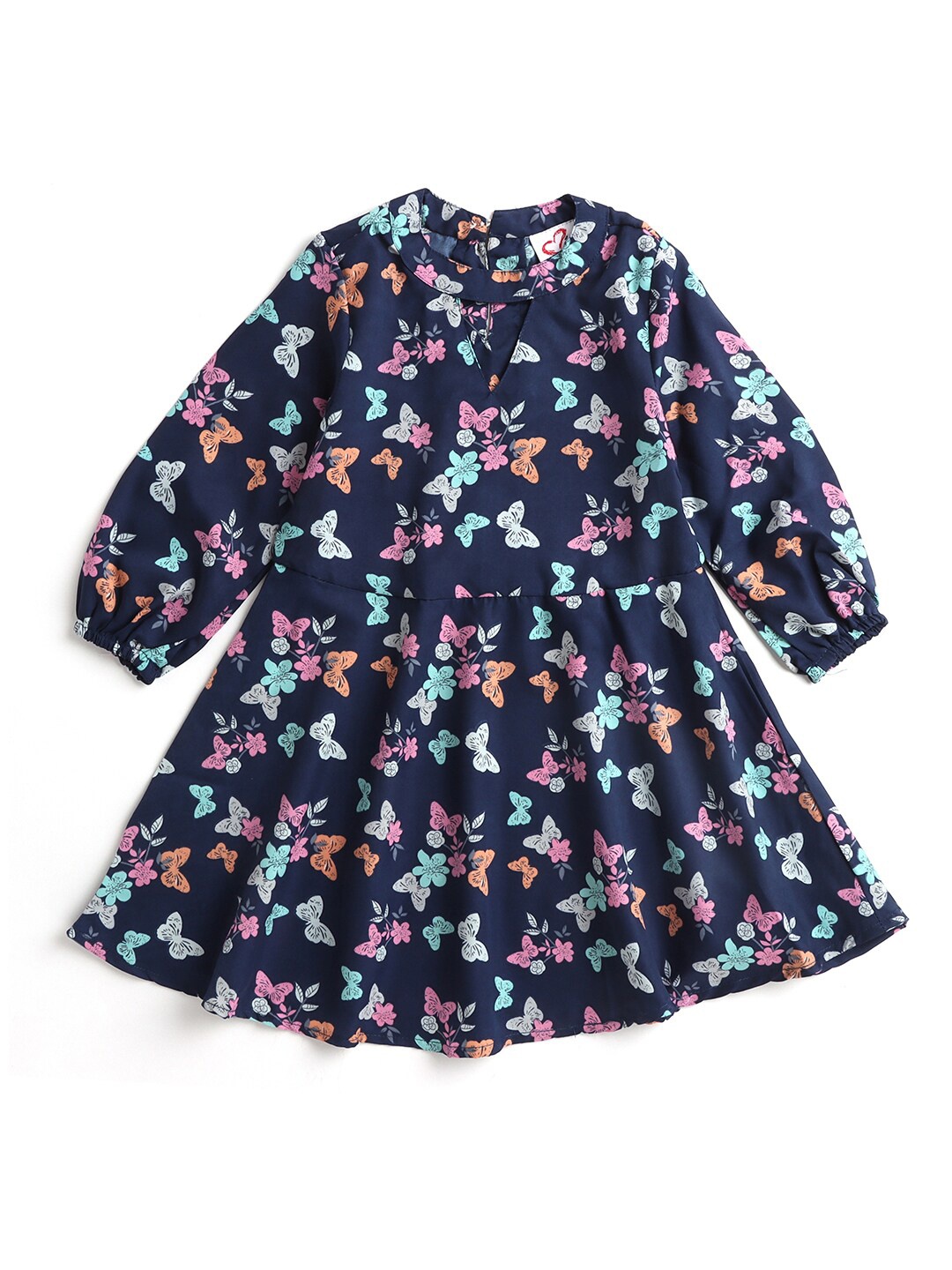 

Hopscotch Girls Blue & Sea Green Printed Keyhole Neck Cotton A-Line Dress