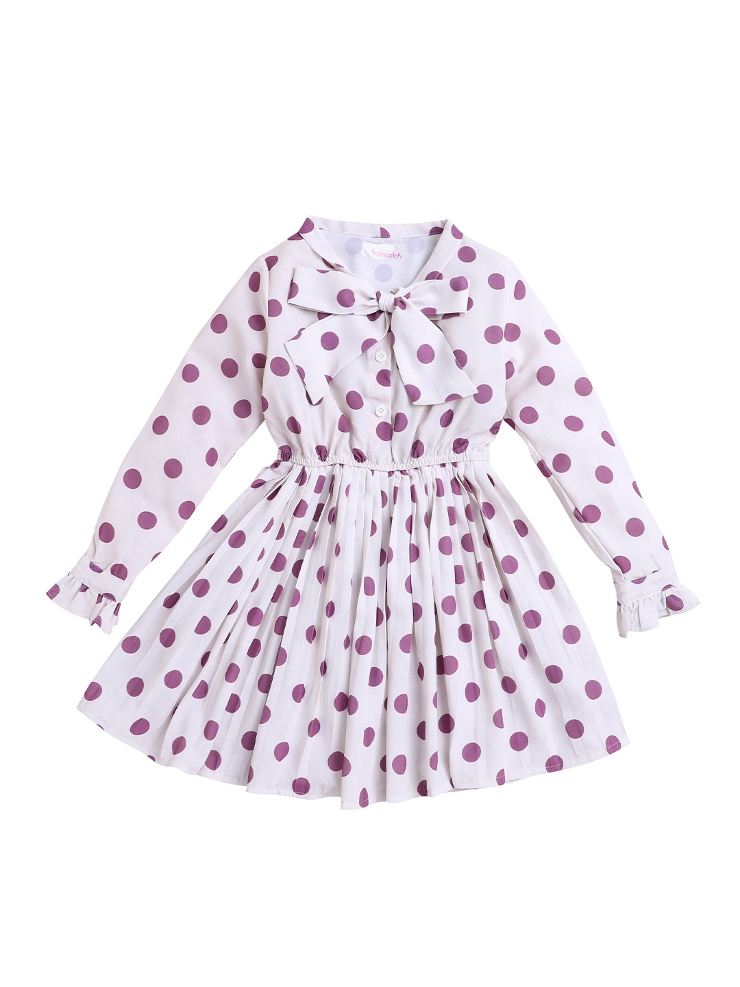 

Hopscotch Purple & White Polka Dots Printed Tie-Up Neck Chiffon Dress