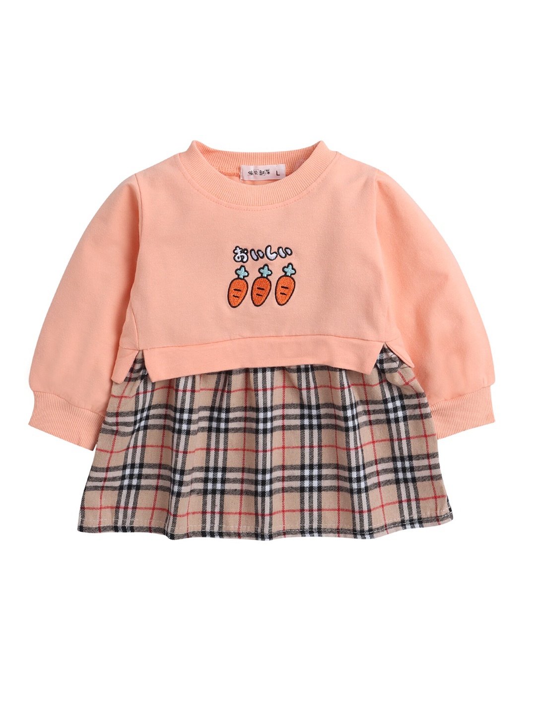 

Hopscotch Peach-Coloured & Brown Checked Chiffon A-Line Dress