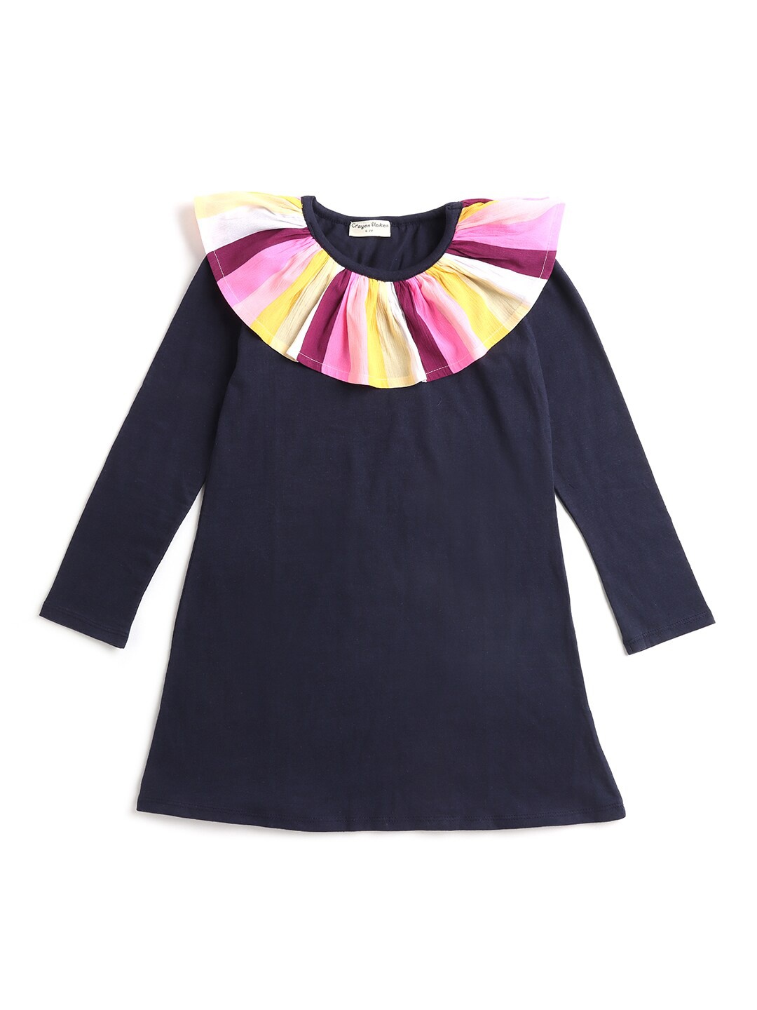 

Hopscotch Navy Blue & Multi-Coloured Neck Frill A-Line Dress