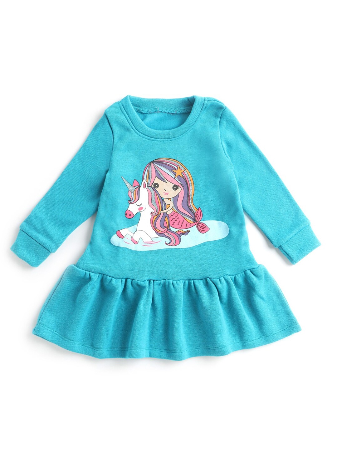 

Hopscotch Green Unicorn Printed Cotton Peplum Dress