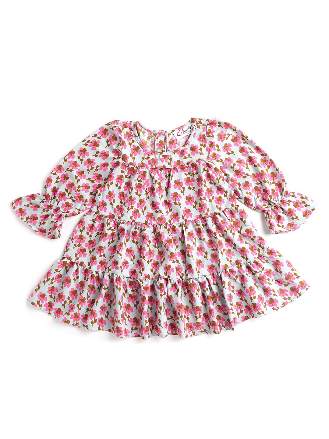 

Hopscotch Girls Pink & Green Floral Printed Cotton Tiered A-Line Dress